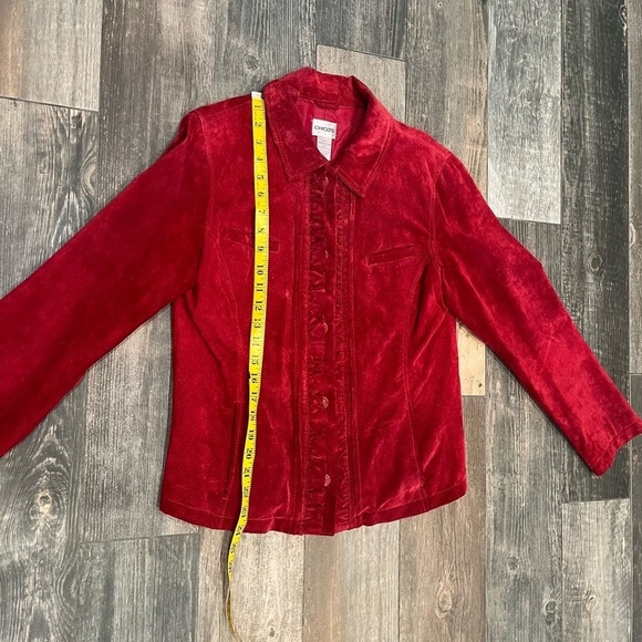 Chico’s Womens Suede Leather Jacket Sz 1/ US 8 Red Ruffles Button Closure - Picture 7 of 10